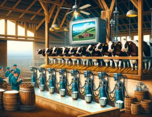 Farmer & Cowboy - Create a realistic and detailed illustration of Holstein cows in a traditional milking barn, where they are being milked while watching a big screen T (1)