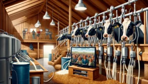 Farmer & Cowboy - Create a realistic and detailed illustration of Holstein cows in a traditional milking barn, where they are being milked while watching a big screen T (2)