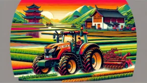 Chinese Tractors - A vibrant and detailed illustration of a Chinese YTO Group Corporation tractor operating in a Chinese field. The image should feature a YTO tractor, e (2)