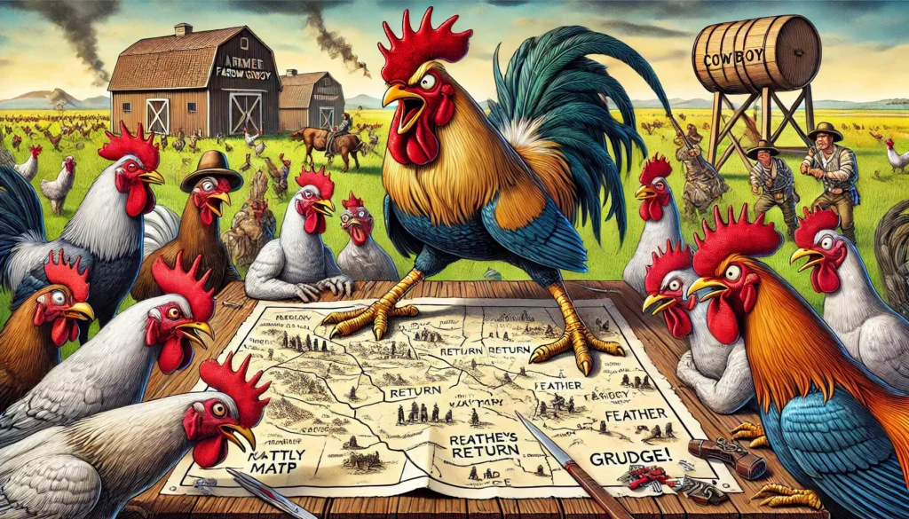 Chickens Home Roost -- A wide-aspect, satirical, highly detailed, and vivid illustration in the style of farmercowboy.com. The scene shows roosters plotting their return wit1