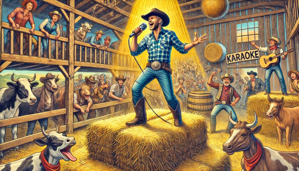 Cowboy Karaoke -- A humorous and vivid image of a cowboy singing karaoke in a rustic hayloft. The scene captures the energy of cowboy karaoke, with hay bales serving as4