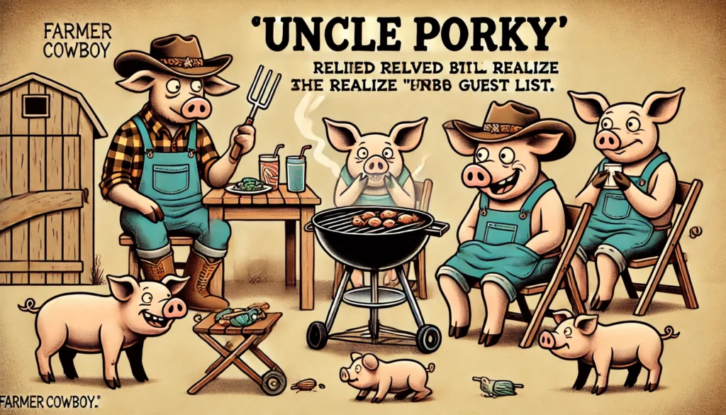 Pork BBQ -- A humorous and satirical illustration in the style of farmercowboy.com, showing pigs at a farm BBQ, looking relieved but still a bit nervous as they r4.