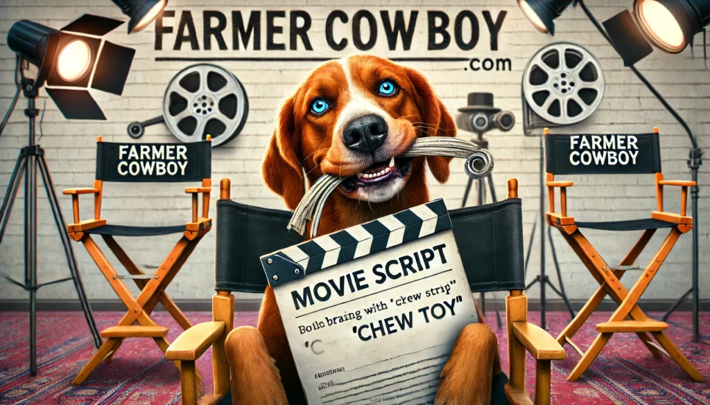 Rufus the Farm Dog in Hollywood -- A humorous and satirical illustration of a farm dog chewing on a movie script, with film reels and director's chairs in the background. The dog should3.